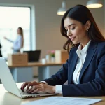Jeune femme en bureau préparant un colis avec concentration
