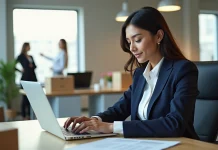 MyTNT, comment ce service national est présenté pour faciliter l’expédition de colis Jeune femme en bureau préparant un colis avec concentration