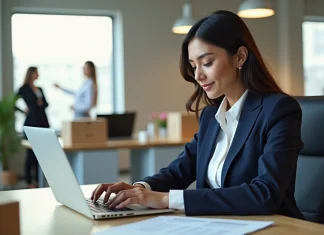 Jeune femme en bureau préparant un colis avec concentration