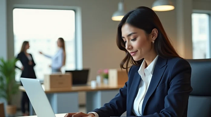 Jeune femme en bureau préparant un colis avec concentration