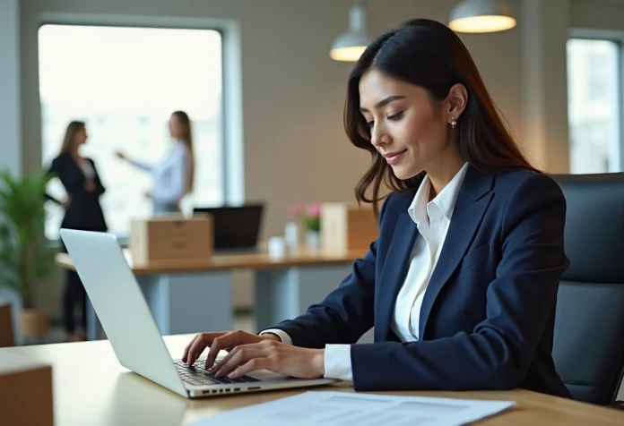 femme-bureau-envoi-colis Jeune femme en bureau préparant un colis avec concentration