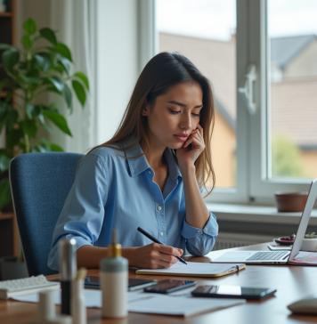 Femme en bureau moderne examinant un gadget électronique