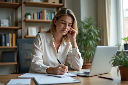 Femme concentrée dans un bureau moderne en train de noter des slogans