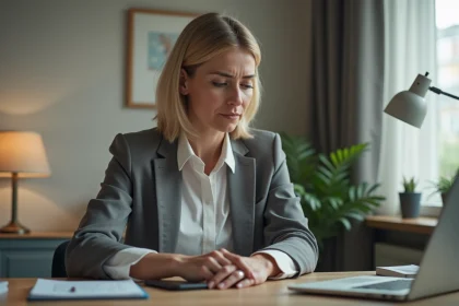 Femme d'âge moyen au bureau à domicile vérifiant son ordinateur