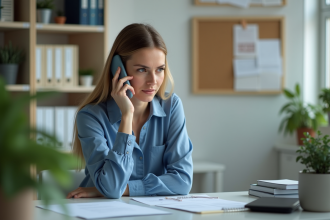 Femme au bureau parlant au smartphone avec espoir