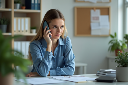Femme au bureau parlant au smartphone avec espoir
