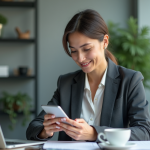 Comment s’adresser à son public cible après la formation en social selling par Emmanuelle Petiau Femme professionnelle tenant un smartphone dans un bureau moderne