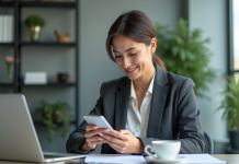 Comment s’adresser à son public cible après la formation en social selling par Emmanuelle Petiau Femme professionnelle tenant un smartphone dans un bureau moderne