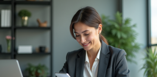 Comment s’adresser à son public cible après la formation en social selling par Emmanuelle Petiau Femme professionnelle tenant un smartphone dans un bureau moderne