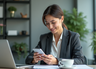 Comment s’adresser à son public cible après la formation en social selling par Emmanuelle Petiau Femme professionnelle tenant un smartphone dans un bureau moderne