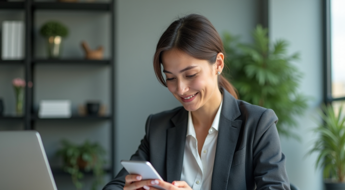 Comment s’adresser à son public cible après la formation en social selling par Emmanuelle Petiau Femme professionnelle tenant un smartphone dans un bureau moderne