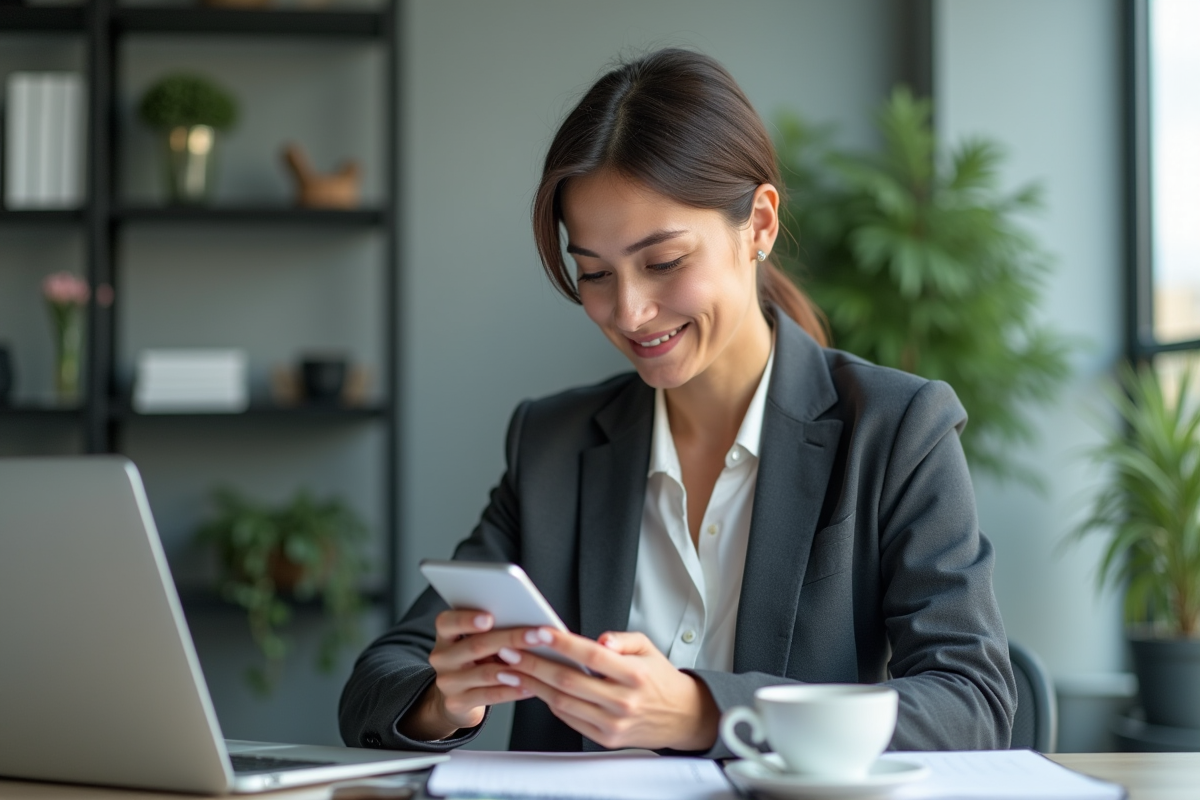 Femme professionnelle tenant un smartphone dans un bureau moderne