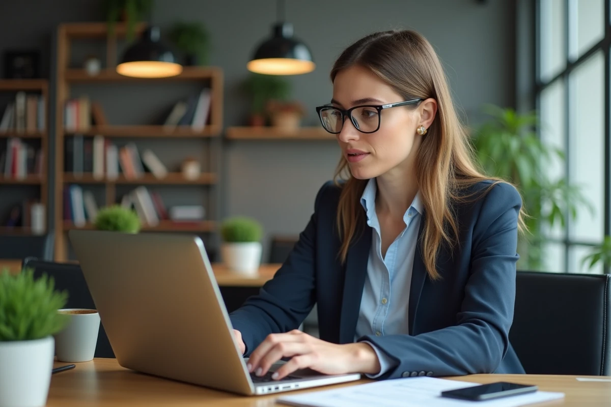 Femme d'affaires concentrée sur son ordinateur dans un bureau moderne
