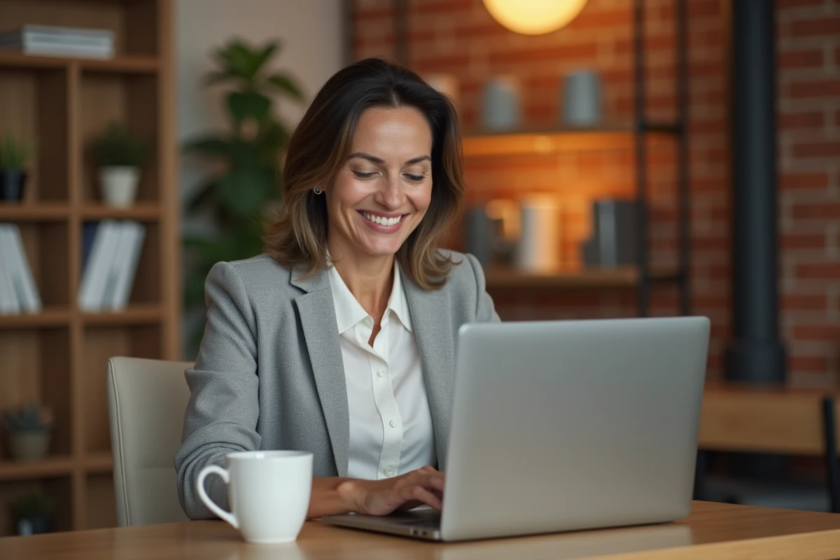 Femme cadre souriante consultant une ressource d'humour sur son ordinateur portable lors d'une pause, dans un espace détente d'entreprise