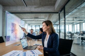 Femme cadre en réunion d'entreprise analysant des graphiques d'intelligence artificielle sur un écran de projection dans une salle de conférence moderne