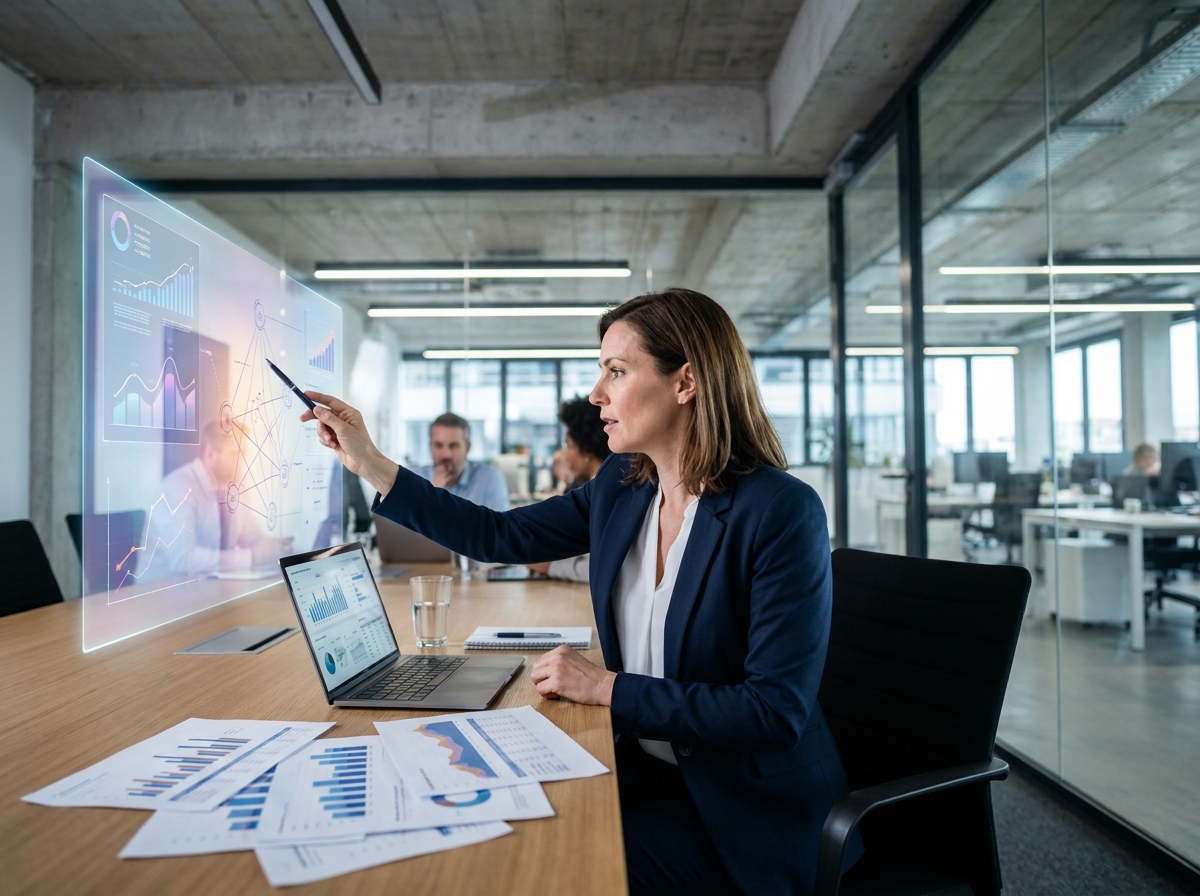 Femme cadre en réunion d'entreprise analysant des graphiques d'intelligence artificielle sur un écran de projection dans une salle de conférence moderne