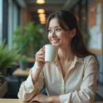 Loi travail Canada : les pauses de 15 minutes obligatoires ? Femme détendue buvant un café dans un bureau moderne