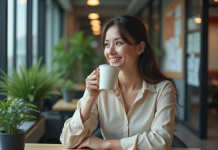 Loi travail Canada : les pauses de 15 minutes obligatoires ? Femme détendue buvant un café dans un bureau moderne