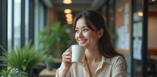 Loi travail Canada : les pauses de 15 minutes obligatoires ? Femme détendue buvant un café dans un bureau moderne