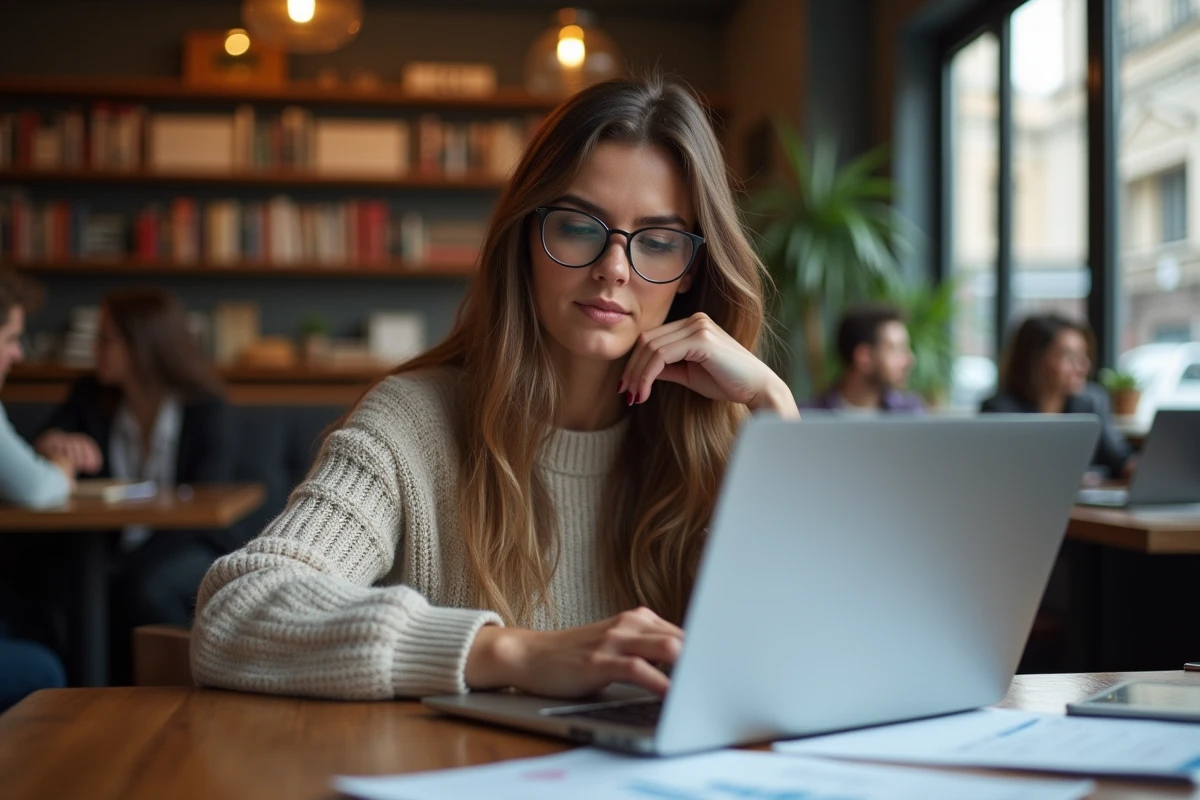 Femme analysant un tableau sur son ordinateur au caf&eacute;