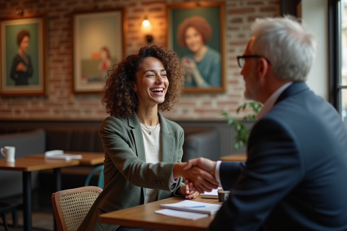 Femme riant en serrant la main d un collègue au café