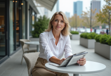 Femme réfléchie dans un café en ville avec tablette
