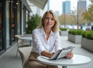Ralph Lauren : implication en Israël, quelle position adoptée ? Femme réfléchie dans un café en ville avec tablette