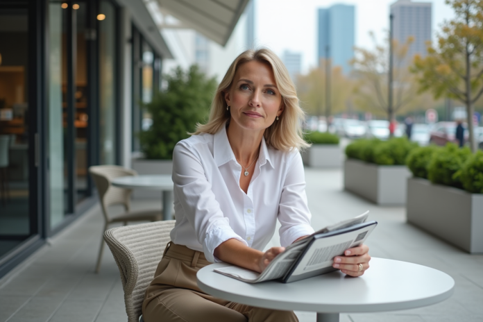 Femme réfléchie dans un café en ville avec tablette