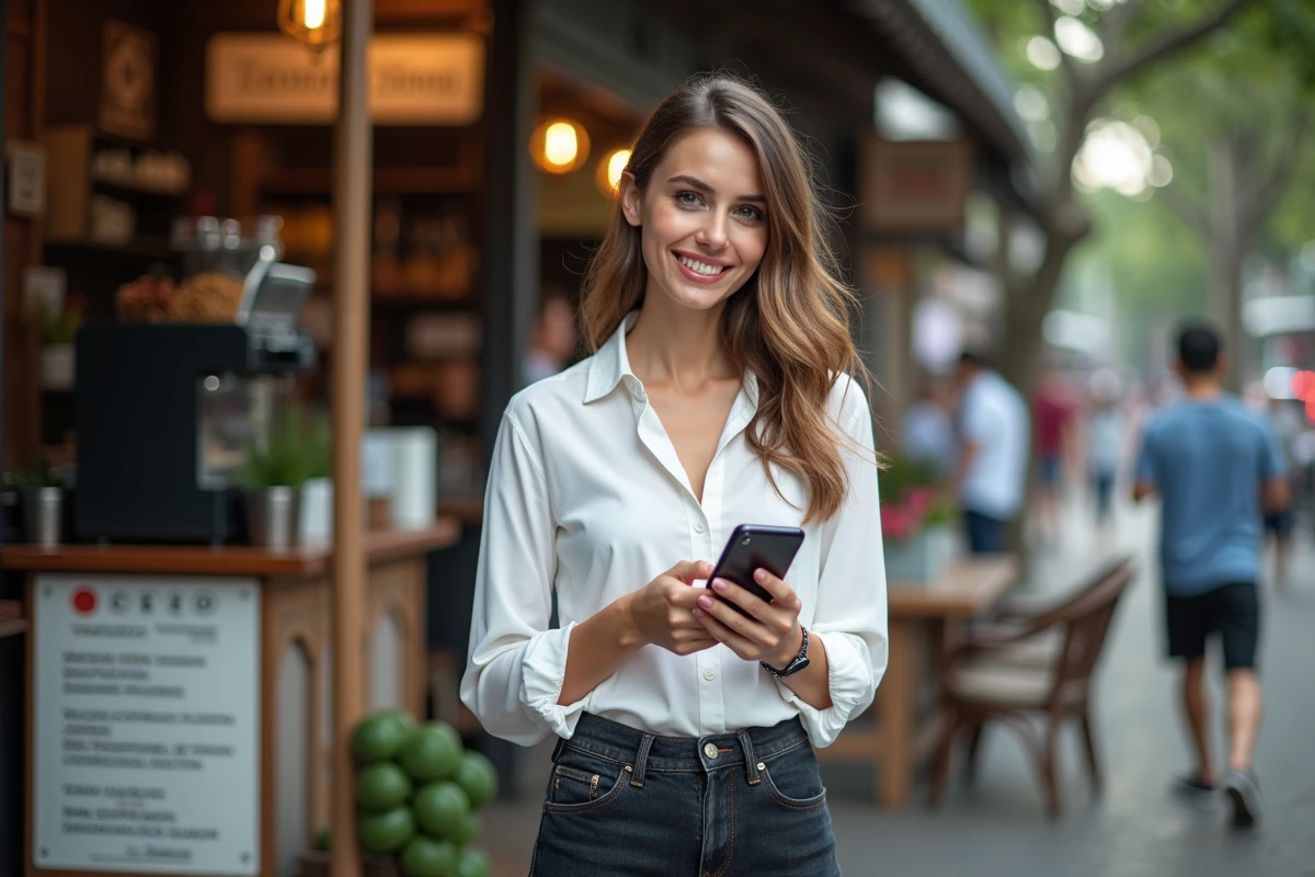 Jeune femme française discutant avec smartphone dans un café extérieur à Chiang Mai