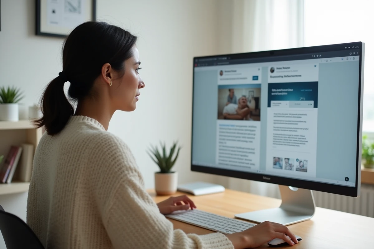 Femme analysant et comparant deux interfaces de plateformes numériques sur un écran d'ordinateur dans un bureau à domicile