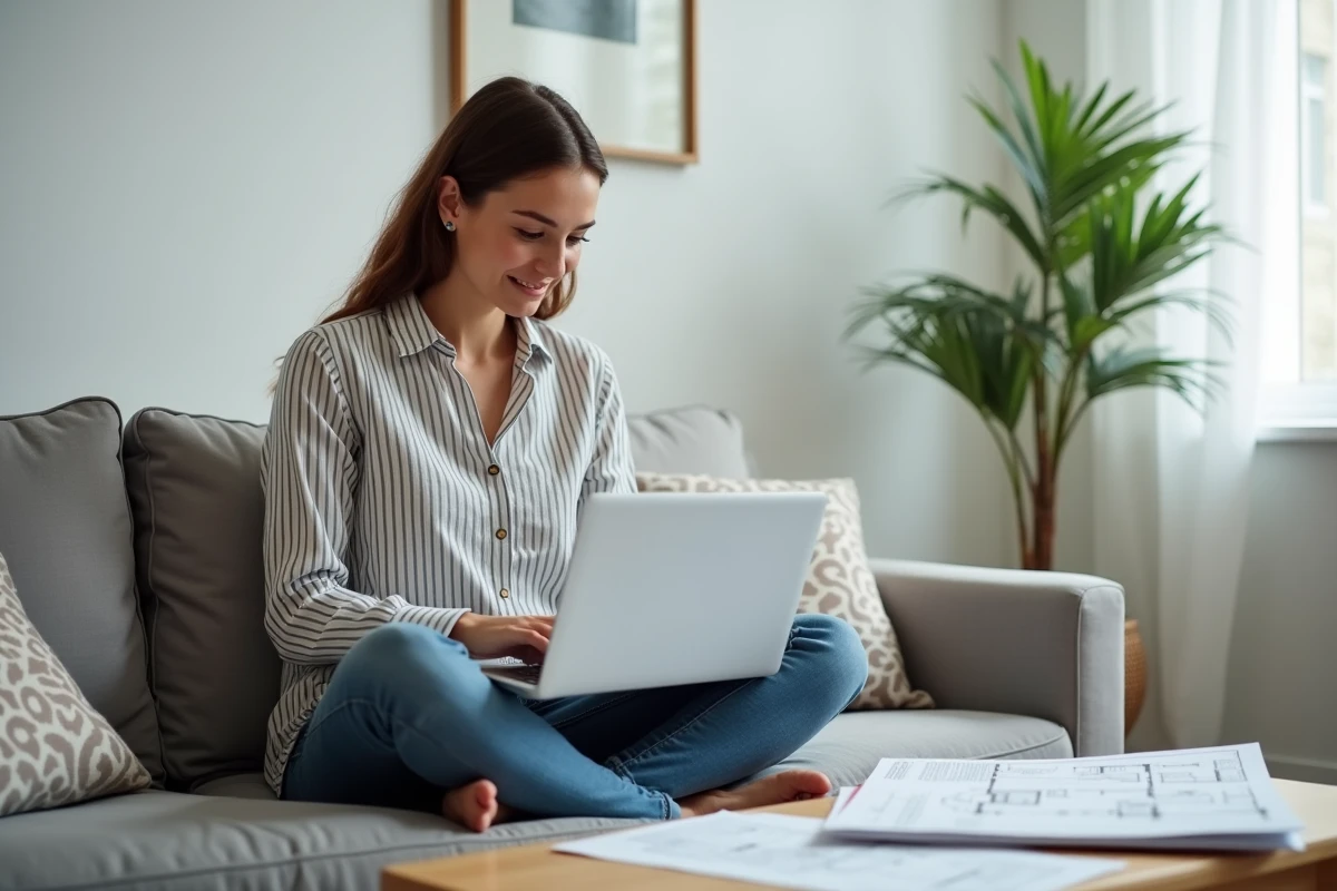 Une jeune femme soulagée consulte un comparateur de devis travaux en ligne depuis son canapé dans un appartement moderne
