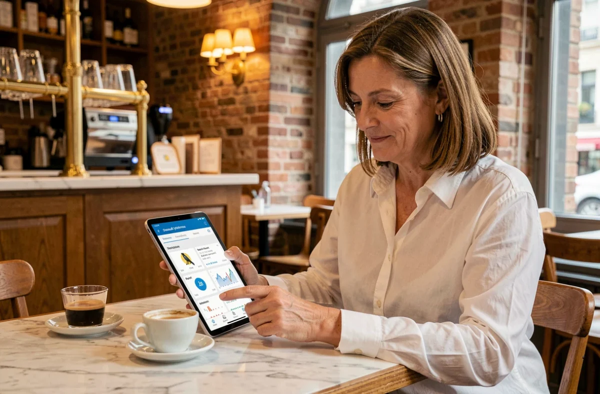 Femme consultant une application de comparaison d'actions tech françaises sur tablette dans un café parisien