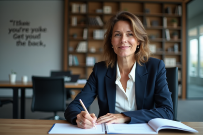 Femme confiante en bureau professionnel en train de lire des documents HR