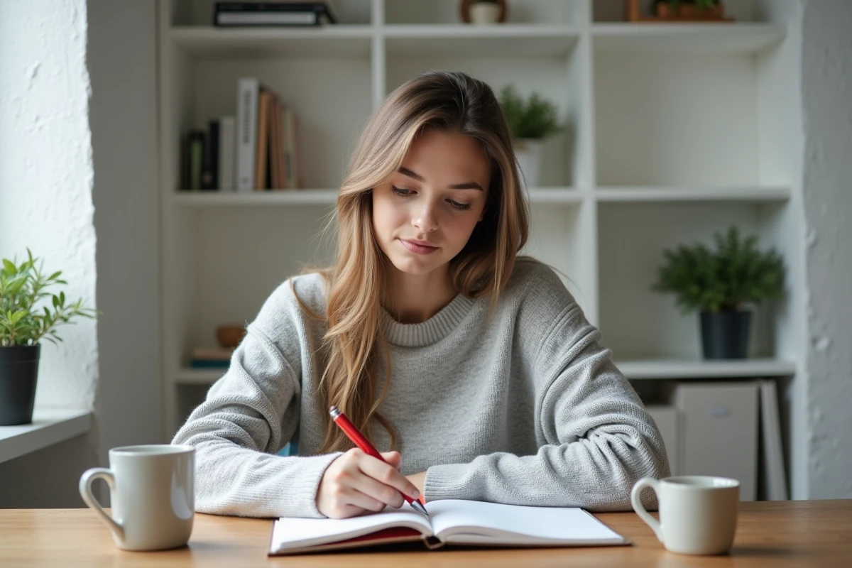 Femme relisant et corrigeant des fautes de français dans un cahier à son bureau