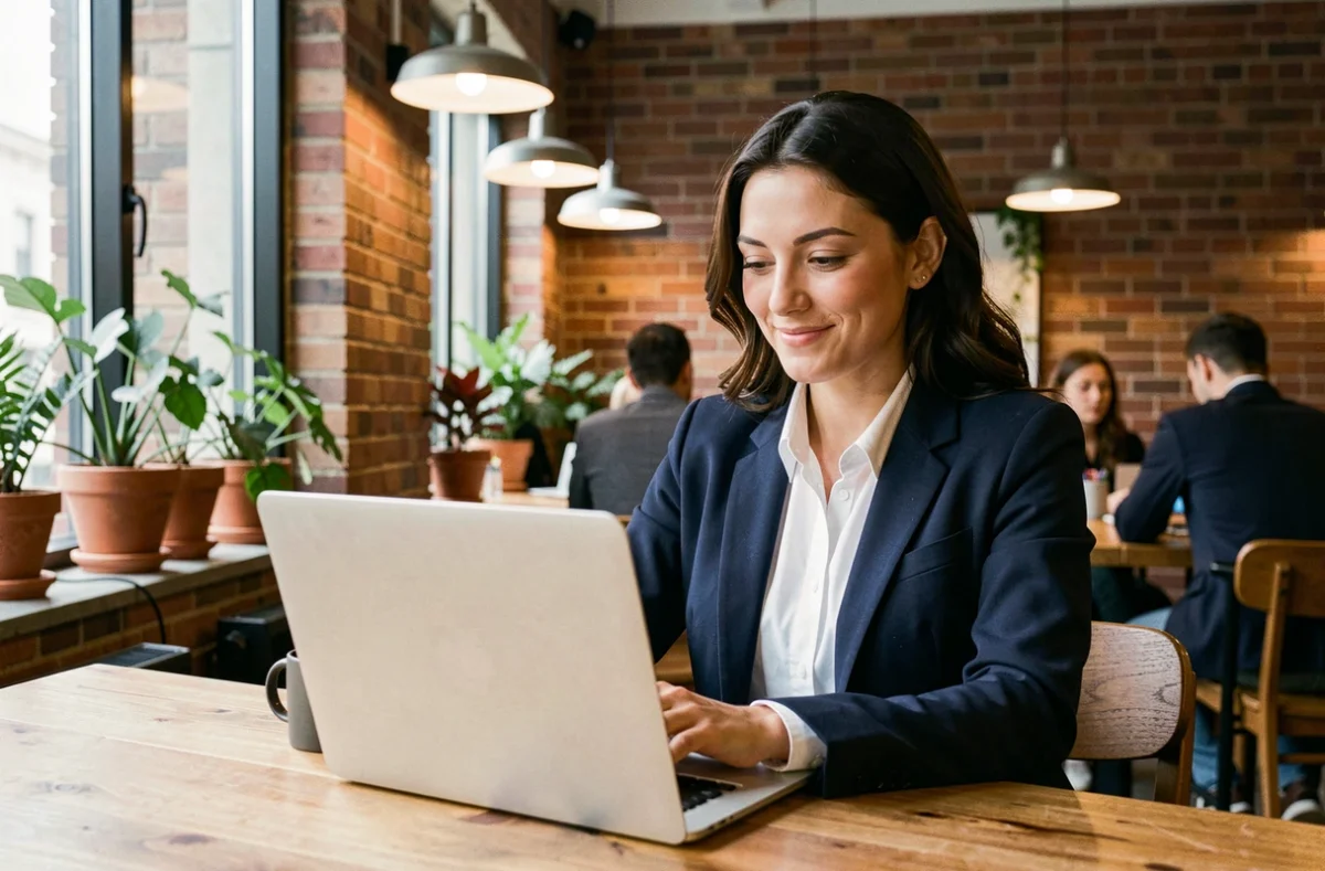 Femme travaillant dans un espace de coworking moderne à Arras avec murs en briques apparentes et plantes vertes