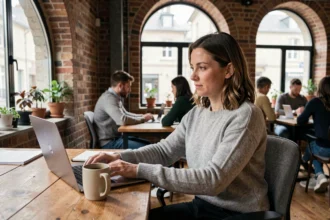 Femme travaillant dans un espace de coworking à Bergerac, assise à un bureau en bois avec un ordinateur portable dans un loft industriel réaménagé