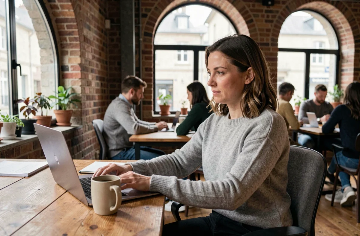 Femme travaillant dans un espace de coworking à Bergerac, assise à un bureau en bois avec un ordinateur portable dans un loft industriel réaménagé