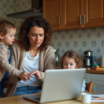 Femme concentrée à la cuisine avec un enfant qui la dérange