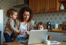 Femme concentrée à la cuisine avec un enfant qui la dérange