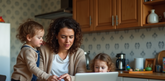 Femme concentrée à la cuisine avec un enfant qui la dérange