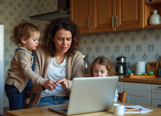 Femme concentrée à la cuisine avec un enfant qui la dérange