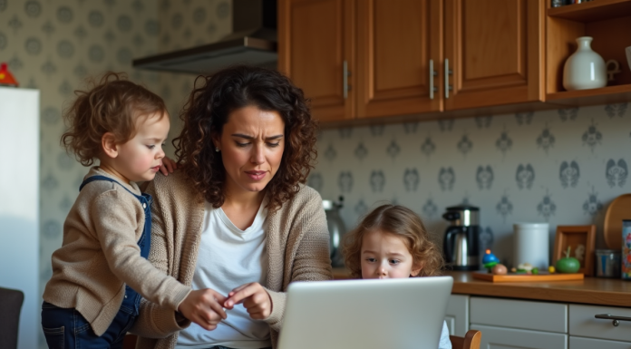 Femme concentrée à la cuisine avec un enfant qui la dérange