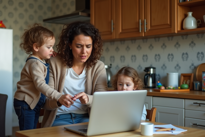 Femme concentrée à la cuisine avec un enfant qui la dérange