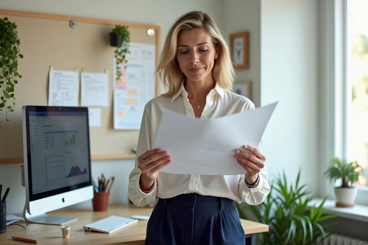 Femme debout à son bureau à domicile en télétravail, consultant des documents dans un espace de travail organisé après une reconversion