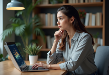 Femme réfléchie devant un ordinateur avec visualisation digitale