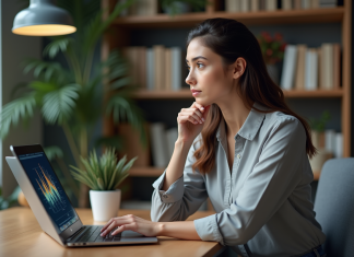 Femme réfléchie devant un ordinateur avec visualisation digitale