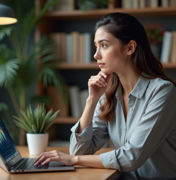 Femme réfléchie devant un ordinateur avec visualisation digitale