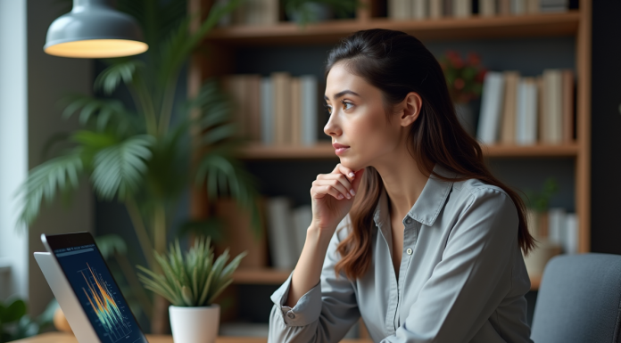 Femme réfléchie devant un ordinateur avec visualisation digitale