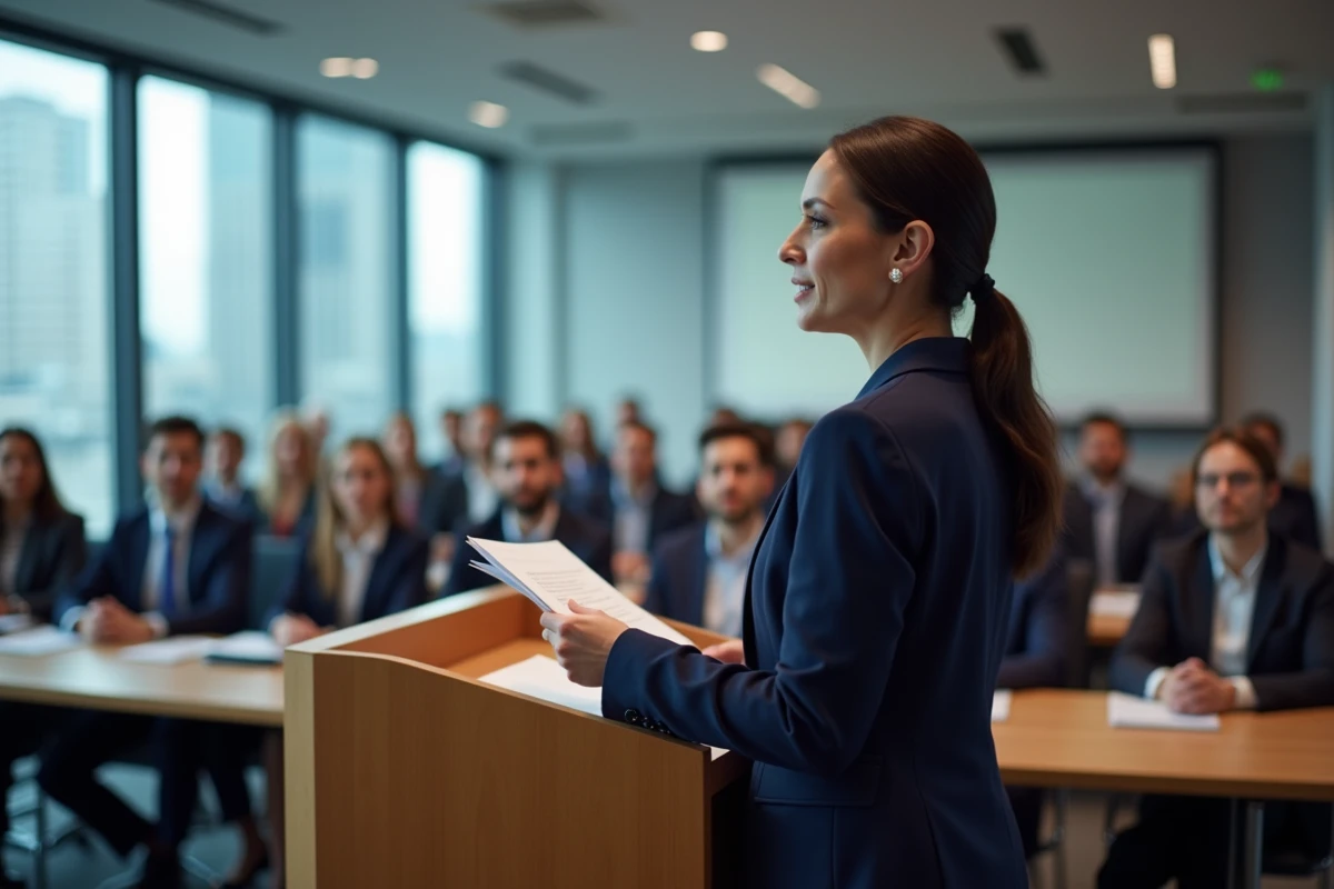 Femme en blazer marine prononçant un discours professionnel sur le travail devant un auditoire en salle de conférence