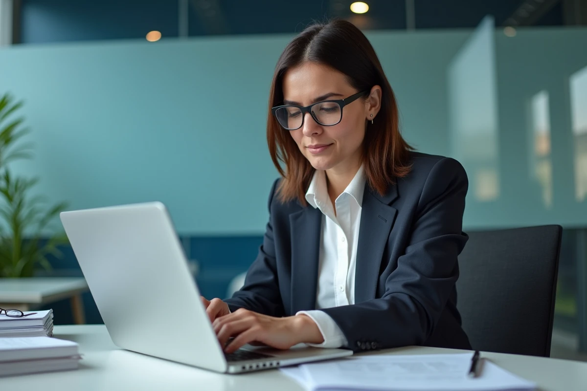 Femme d'affaires vérifiant une politique de confidentialité sur son ordinateur